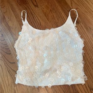 White flower sequin top with spaghetti straps and a low back